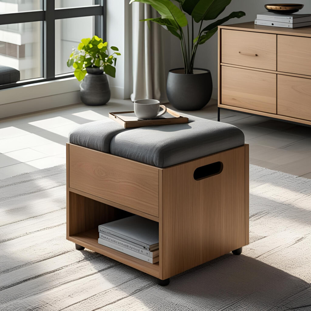 velvet storage ottoman with hidden storage in small apartment
